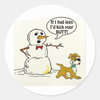 Dog Pees On Snowman Classic Round Sticker by Unique_Christmas at Zazzle