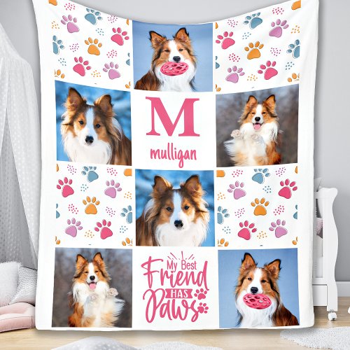 Dog Personalized 6 Pet Photo Chic Pink Paw Prints Fleece Blanket
