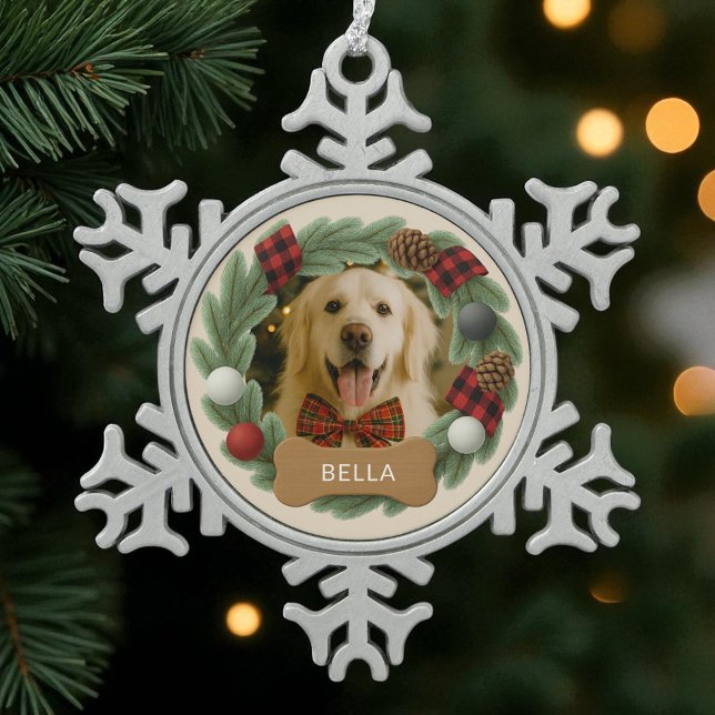 Dog Personalized Name Photo Christmas Plaid  Snowflake Pewter Christmas Ornament (Creator Uploaded)