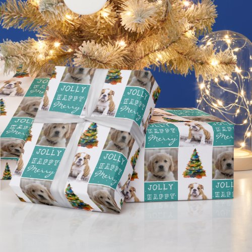 Dog Pet 2 Photos Christmas Tree Watercolor Wrapping Paper