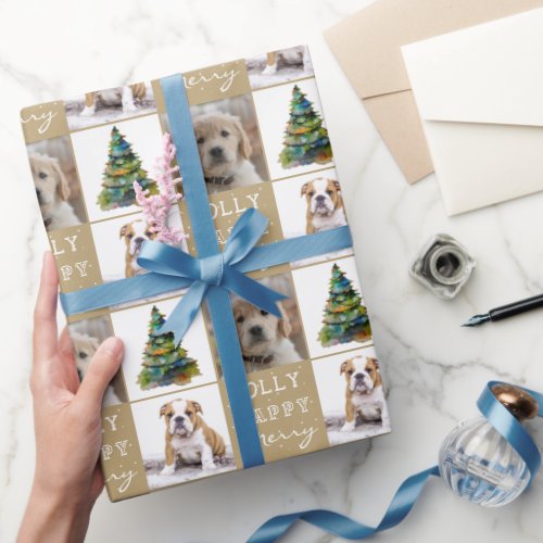 Dog Pet 2 Photos Christmas Tree Watercolor Wrapping Paper