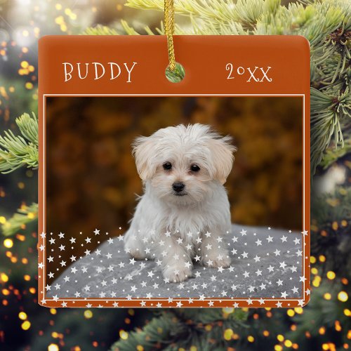 Dog Pet 2 Photos Star Pattern Orange Christmas  Ceramic Ornament