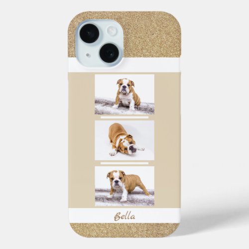 Dog Pet 3 Photo Collage Gold Glitter iPhone 15 Case