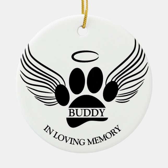 Dog Pet Angel Wings Memorial Custom Name Ceramic Ornament (Front)