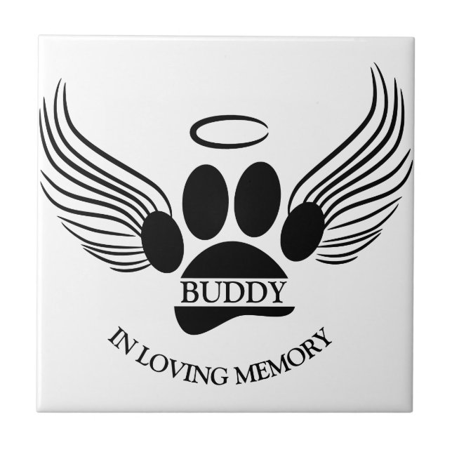 Dog Pet Angel Wings Memorial Custom Name Ceramic Tile (Front)