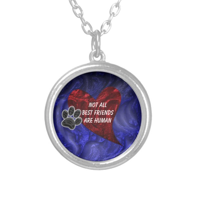 Dog Pet Best Friend Red Heart Puppy Paw Print Silver Plated Necklace (Front)