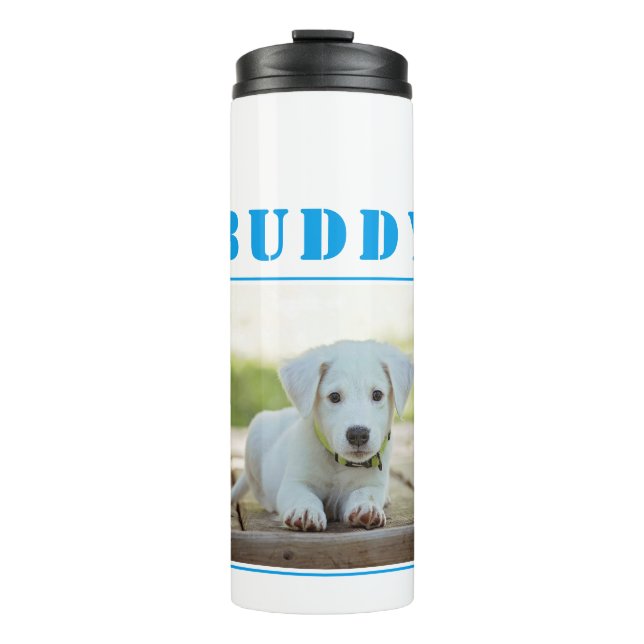 Dog Pet Blue Name and Photo Personalized Thermal Tumbler (Front)