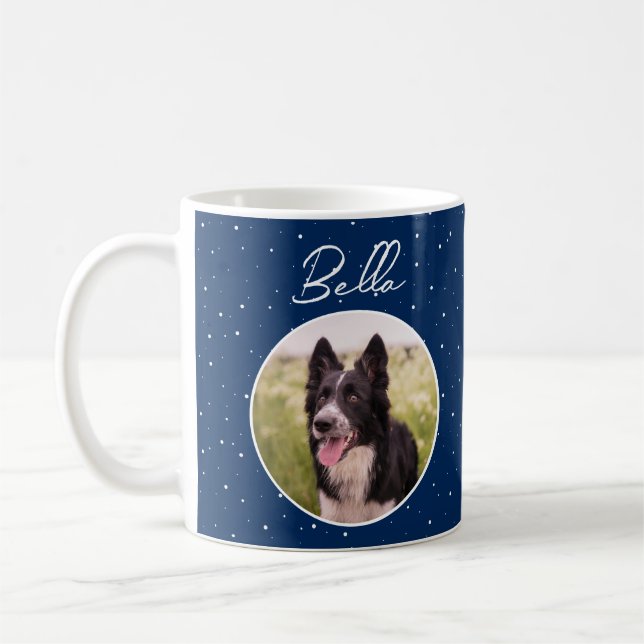 Dog Pet Custom Photo Name Blue Snowflakes Coffee Mug (Left)
