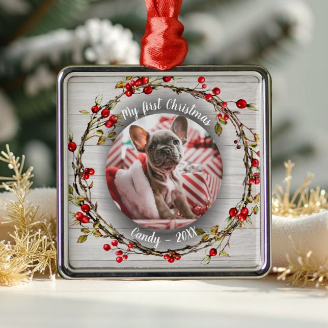Dog Pet First Christmas Photo Red Berry Wreath Metal Ornament (Creator Uploaded)