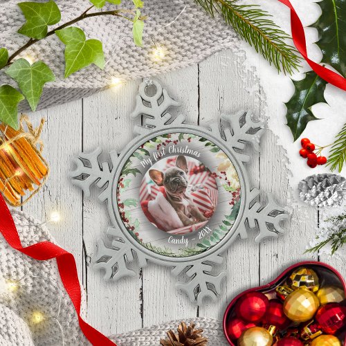 Dog Pet First Christmas Photo Rusti Wreaths Snowflake Pewter Christmas Ornament
