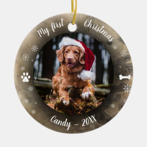 Dog Pet First Christmas Photo Rustic Animal Print  Ceramic Ornament