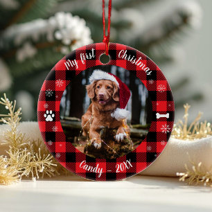 Dog Pet First Christmas Photo Rustic Buffalo Check Ceramic Ornament