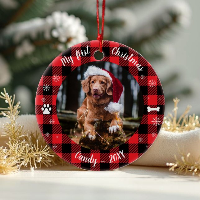 Dog Pet First Christmas Photo Rustic Buffalo Check Ceramic Ornament (Creator Uploaded)