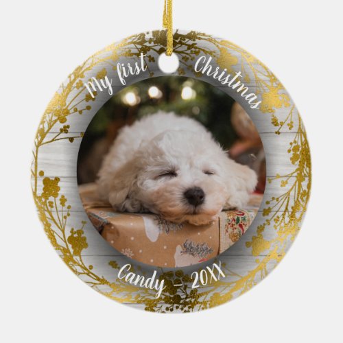 Dog Pet First Christmas Photo Wreaths Gold Ceramic Ornament