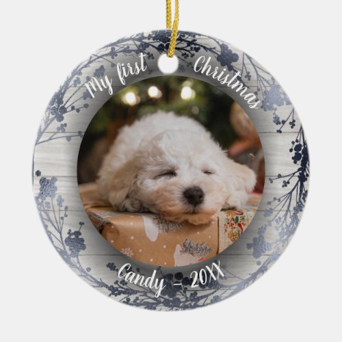 Dog Pet First Christmas Photo Wreaths Silver Ceramic Ornament