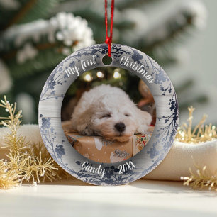Dog Pet First Christmas Photo Wreaths Silver Foil Ceramic Ornament