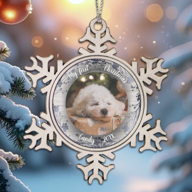 Dog Pet First Christmas Photo Wreaths Silver Foil Snowflake Pewter Christmas Ornament (Creator Uploaded)