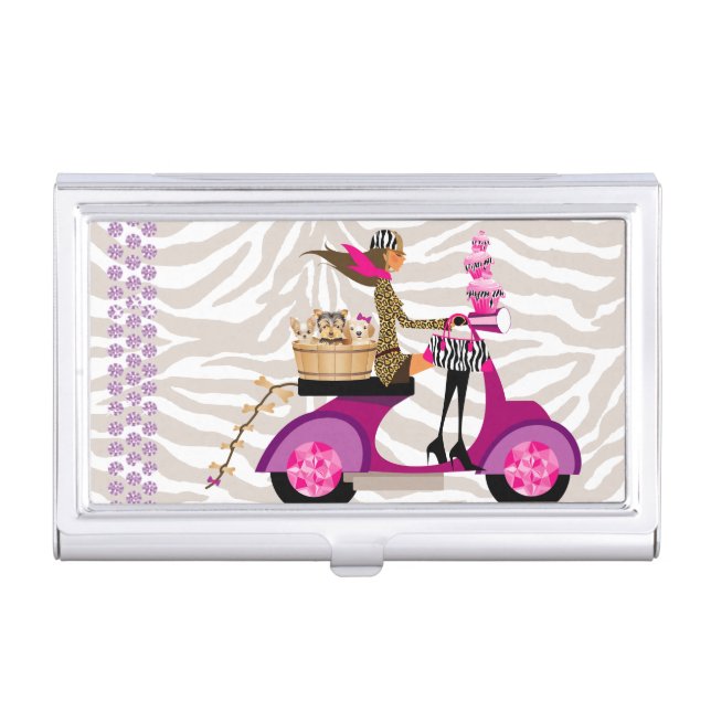 Dog Pet Grooming Cupcake Zebra Bling Business Card Case (Front)