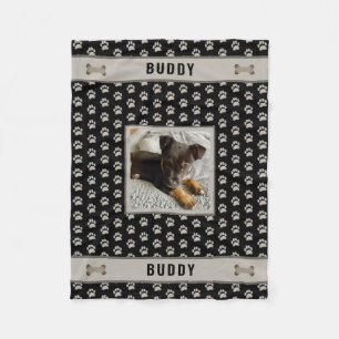 Dog Pet Lover Photo Paw Print Black Gray Fleece Blanket