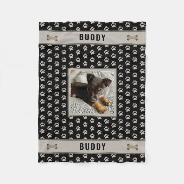 Dog Pet Lover Photo Paw Print Black Gray Fleece Blanket (Front)