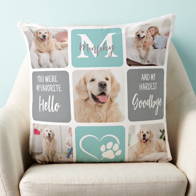 Dog Pet Memorial Modern Pastel Teal Color 5 Photo Throw Pillow (Creator Uploaded)