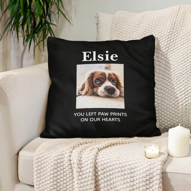 Dog Pet Memorial Remembrance Pawprints Hearts Throw Pillow (Pet memorial photo pillow, customizable with your pet's photo and name.)