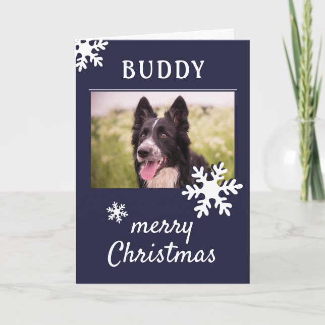 Dog Pet Name Photo Snowflake Dark Blue  Holiday Card (Front)
