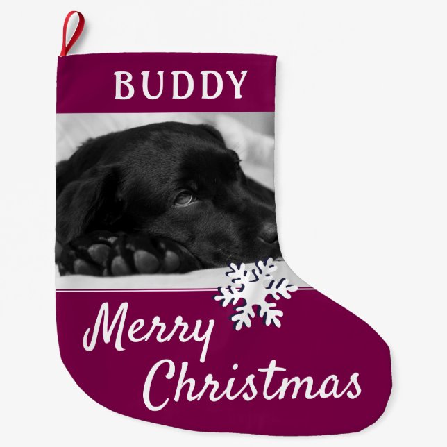 Dog Pet Name Photo Snowflake Large Christmas Stocking (Front)