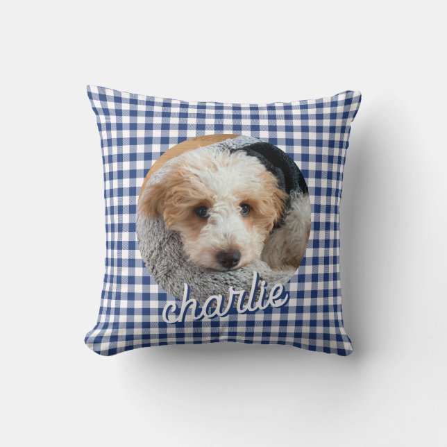 Dog Pet Personalized Photo Name Blue Plaid Throw Pillow (Front)