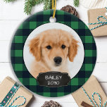 Dog Pet Photo Christmas Puppy Rustic Green Plaid C Ceramic Ornament<br><div class="desc">Decorate your tree or send a special gift with this super cute personalized custom pet photo holiday ornament. Add your dog's photos and personalize with name and year. Ornament is double sided, you can do different photos each side. COPYRIGHT © 2020 Judy Burrows, Black Dog Art - All Rights Reserved....</div>