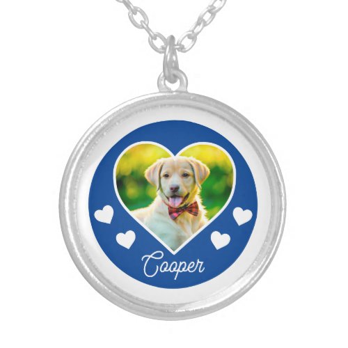 Dog Pet Photo Heart Deep Blue Personalized Silver Plated Necklace