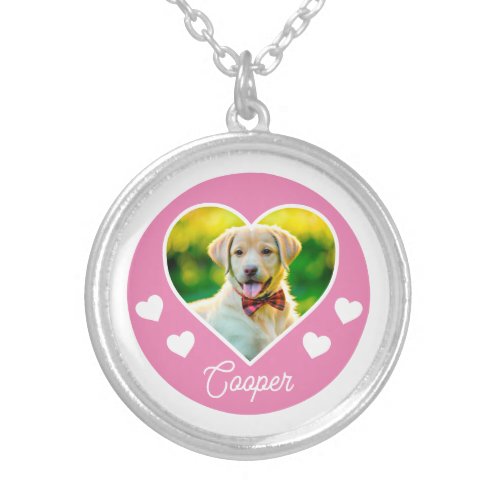 Dog Pet Photo Heart Pink Personalized Silver Plated Necklace