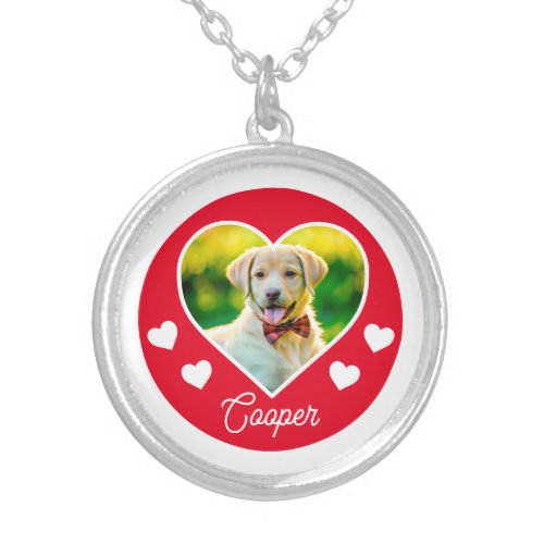 Dog Pet Photo Heart Red Personalized Silver Plated Necklace