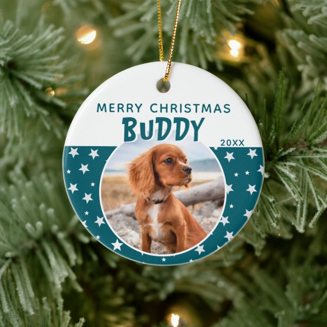 Dog Pet Photo Merry Christmas Star Pattern Ceramic Ornament (Tree)