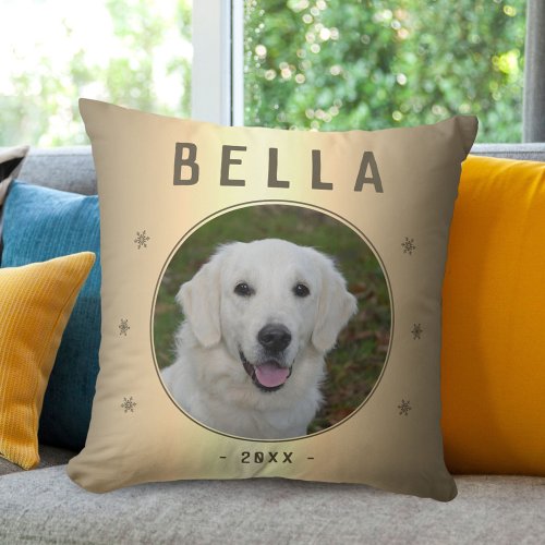 Dog Pet Photo Metallic Golden Snowflake Keepsake Throw Pillow