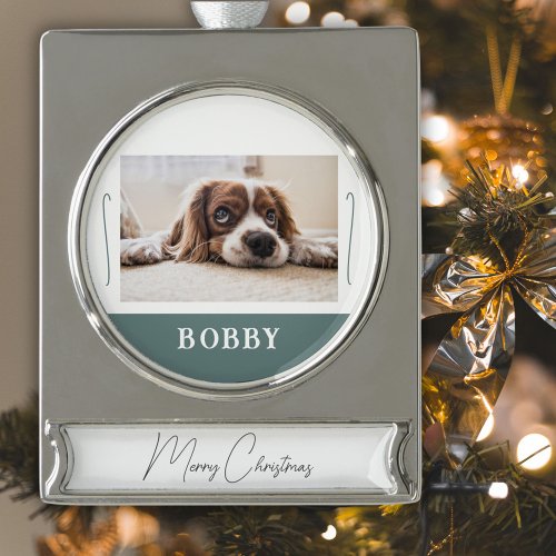 Dog Pet Photo Minimalist Merry Christmas  Silver Plated Banner Ornament