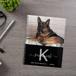 Dog pet photo monogram black planner<br><div class="desc">A chic black background. Personalize and add your own photo, a name, monogram letter and a year. The name is written in white with a large modern hand lettered style script with swashes. To keep the swashes only delete the sample name, leave the spaces or emoji's in front and after...</div>