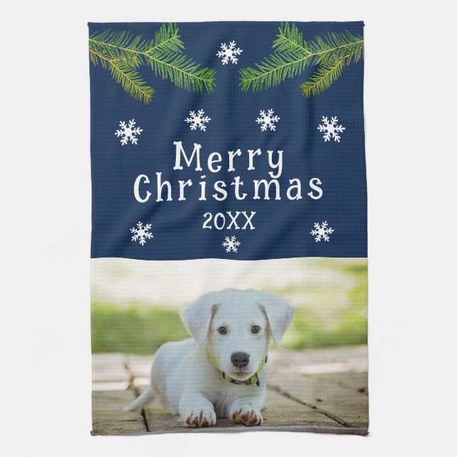 Dog Pet Photo Pine Snowflakes Merry Christmas  Kitchen Towel (Vertical)