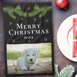 Dog Pet Photo Pine Snowflakes Merry Christmas Kitchen Towel<br><div class="desc">Dog Pet Photo Pine Snowflakes Merry Christmas kitchen towel. Lovely festive personalized kitchen towel with pine branches and snowflakes on a black background. Add your photo and year and make a sweet holiday keepsake or a gift for a dog owner.</div>