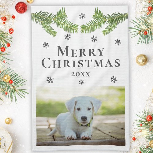 Dog Pet Photo Pine Snowflakes Merry Christmas Kitchen Towel