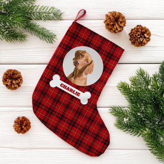 Dog Pet Photo Red Tartan Plaid Custom Name in Bone Small Christmas Stocking
