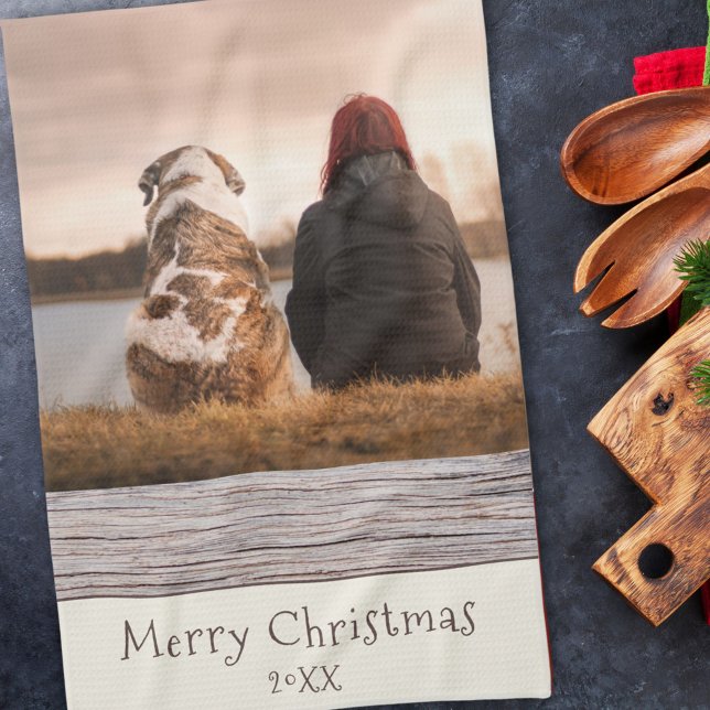 Dog Pet Photo Rustic Wood Merry Christmas Kitchen Towel (Creator Uploaded)