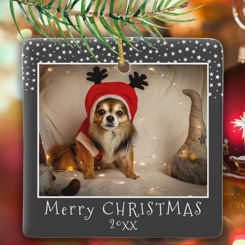 Dog Pet Photo Stars Gray Merry Christmas  Ceramic Ornament