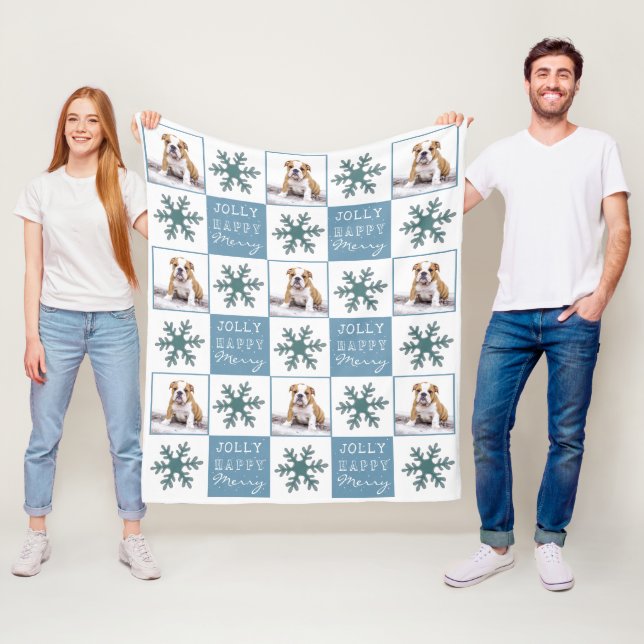 Dog Pet Photo Typography Snowflake Christmas Fleece Blanket (In Situ)