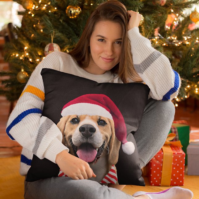 Dog Pet Photo with Digital Santa Hat  Scarf Gift Throw Pillow (Creator Uploaded)