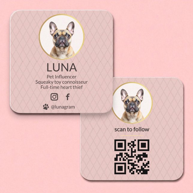  Dog Pet Social Media QR Code Blush Pink Photo  Square Business Card (Creator Uploaded)