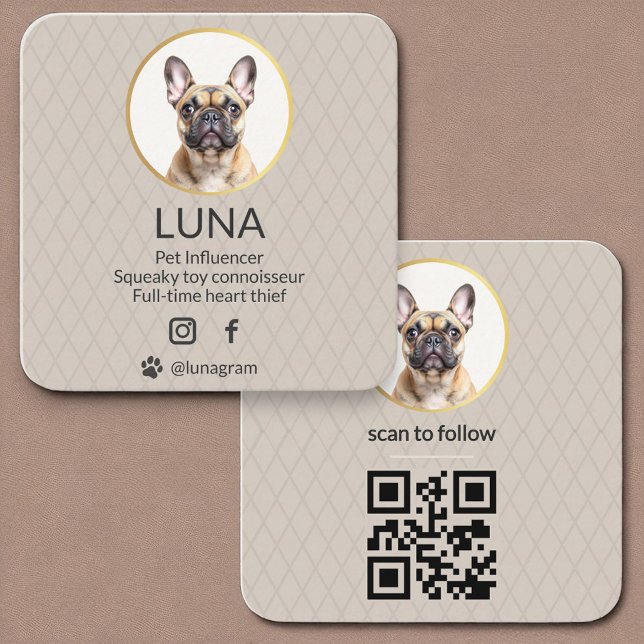  Dog Pet Social Media QR Code Gold Elegant Photo  Square Business Card (Creator Uploaded)