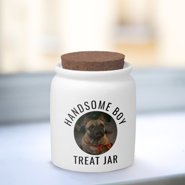 Dog Pet Treats Photo Template Handsome Boy Candy Jar (All handsome boys deserve treats. Just upload your pup's photo to this cute candy jar)