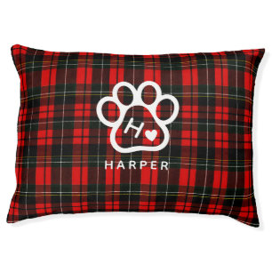 Dog Pets Monogram Name Paw Heart Tartan Pet Bed