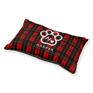 Dog Pets Monogram Name Paw Heart Tartan Pet Bed